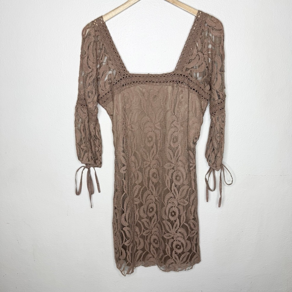 Solitaire Ravi Khosla Brown Lace Mini Dress Square Neck Sleeve Tie Womens Medium